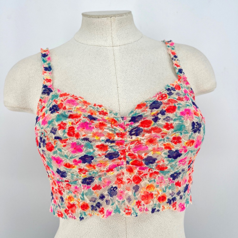 Victoria's Secret PINK Lace‎ Bralette Neon Floral Multi Color Women's Large L/G